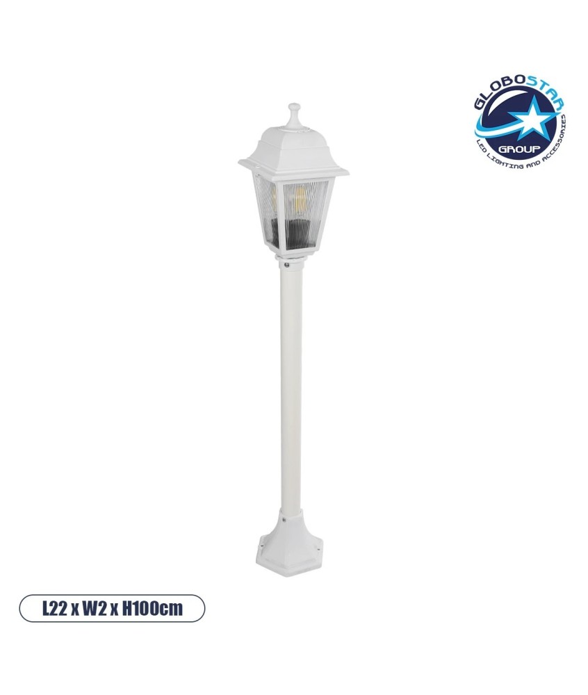 GloboStar® SOLME 203-0222 Vintage Επιδαπέδιο Φωτιστικό Κολωνάκι Κήπου Μονόφωτο 1 x E27 IP44 Λευκό & Διάφανο Πλαστικό - Μ22 x Π22 x Υ100cm